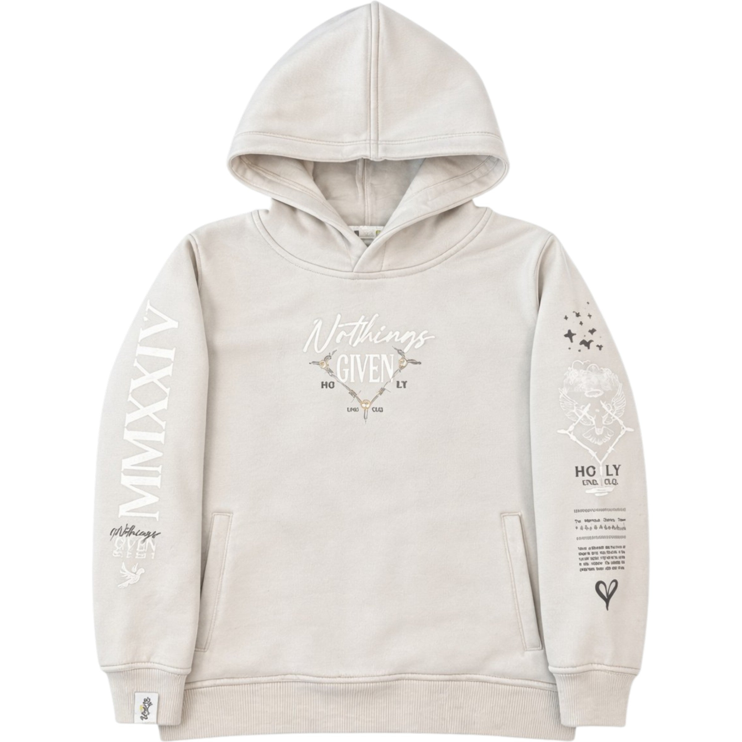 Beige hoodie with text and graphics on a white background