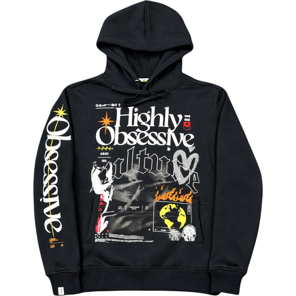 Black hoodie with graphic design on a white background