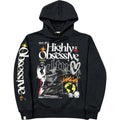Black hoodie with graphic design on a white background