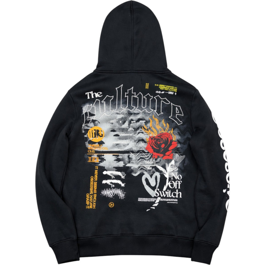 Black hoodie with graphic designs on the back against a white background Highly Undrtd ‘Obsessive Culture' Hoodie (Black) UF5609
