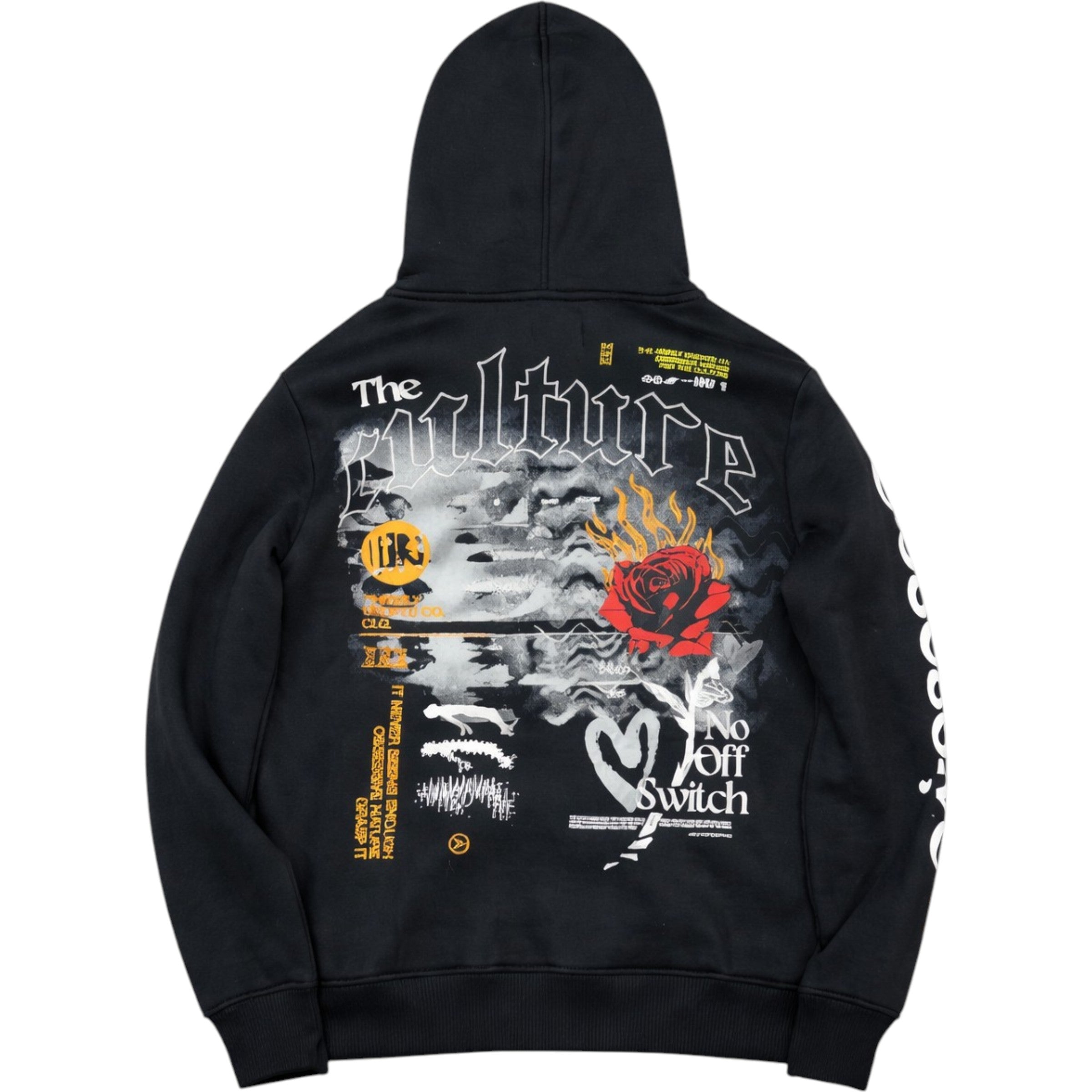 Black hoodie with graphic designs on the back against a white background Highly Undrtd ‘Obsessive Culture' Hoodie (Black) UF5609