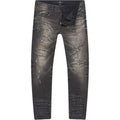 Distressed black jeans on a white background
