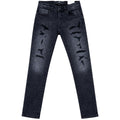 Black distressed jeans on a white background