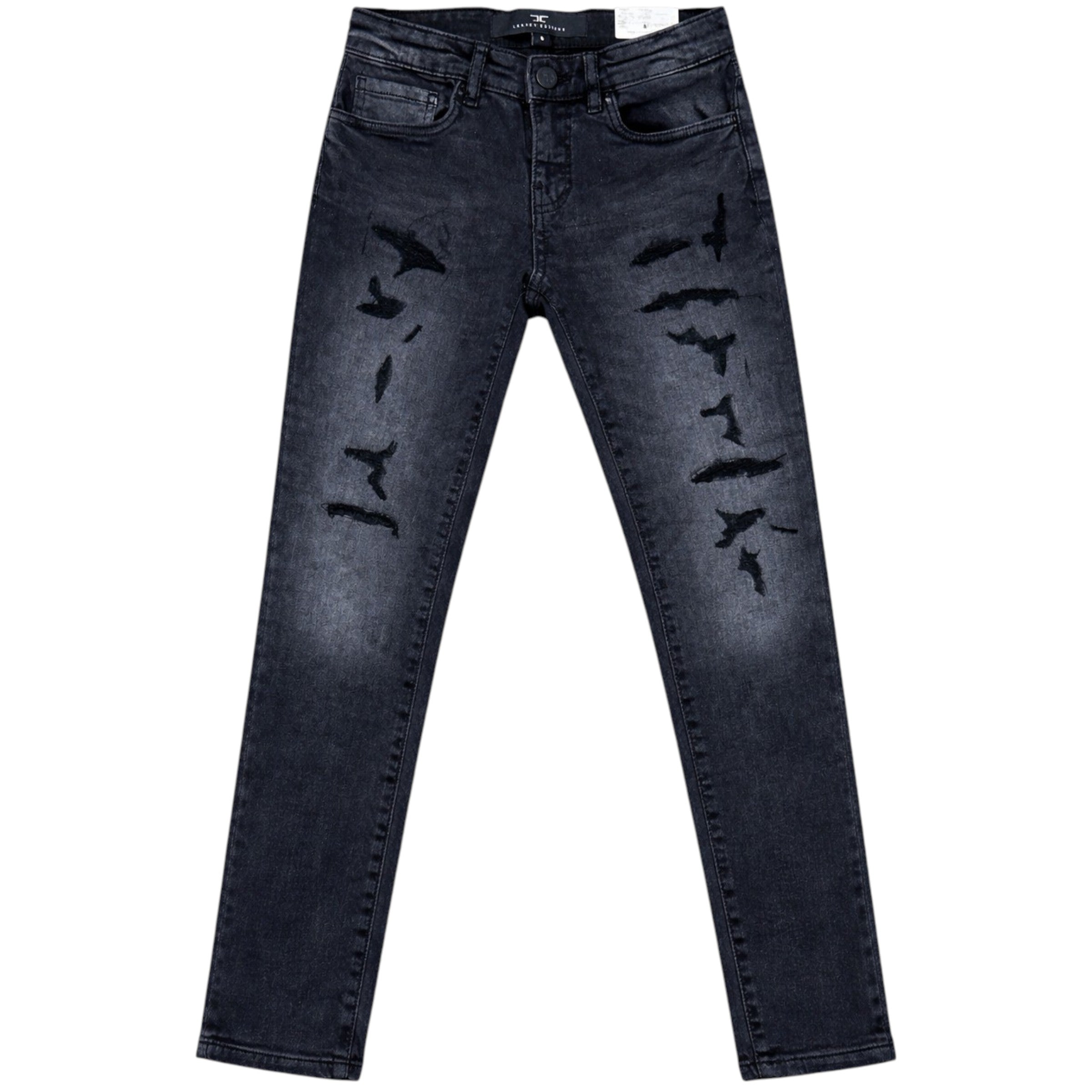 Black distressed jeans on a white background