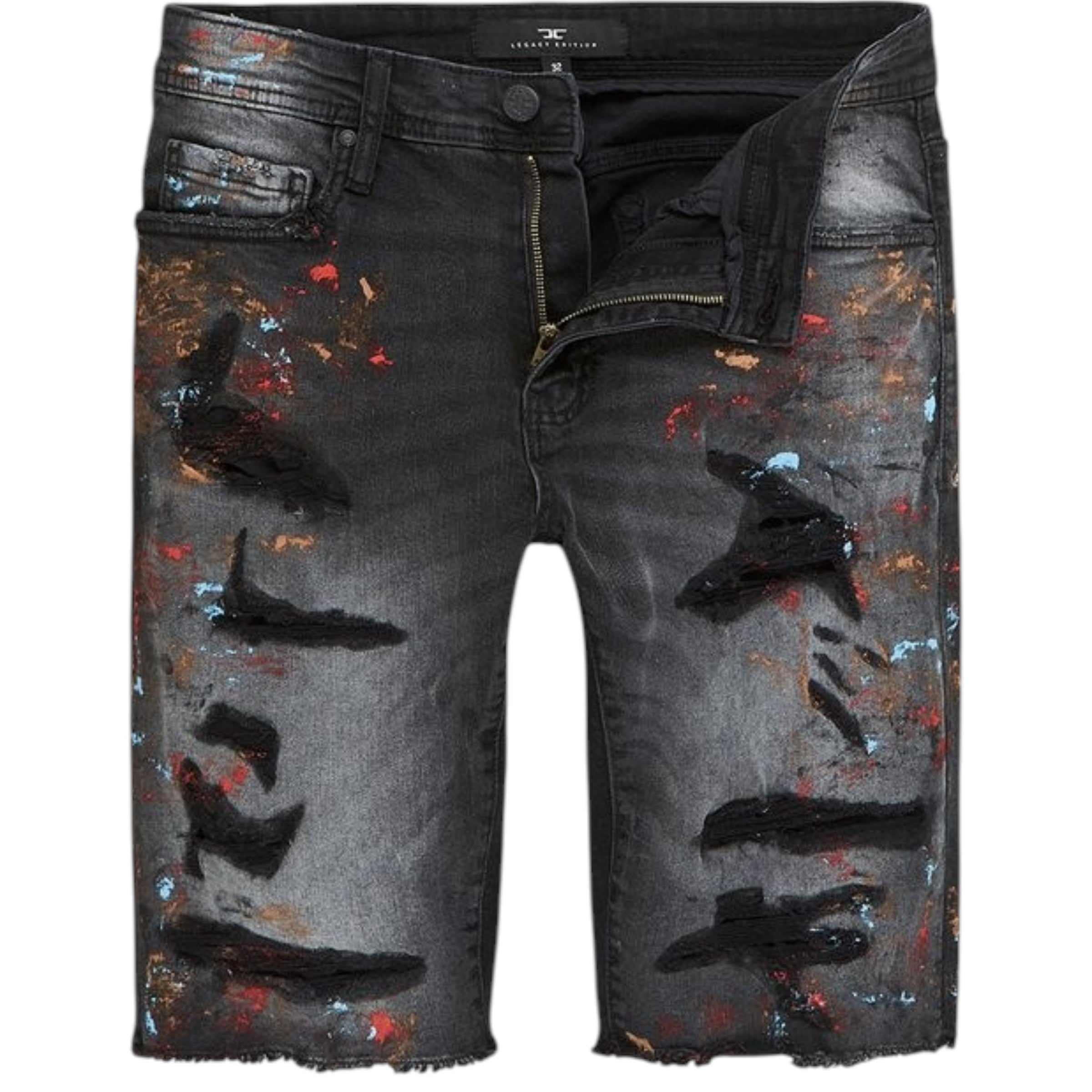 Black distressed denim shorts with colorful paint splashes on a white background