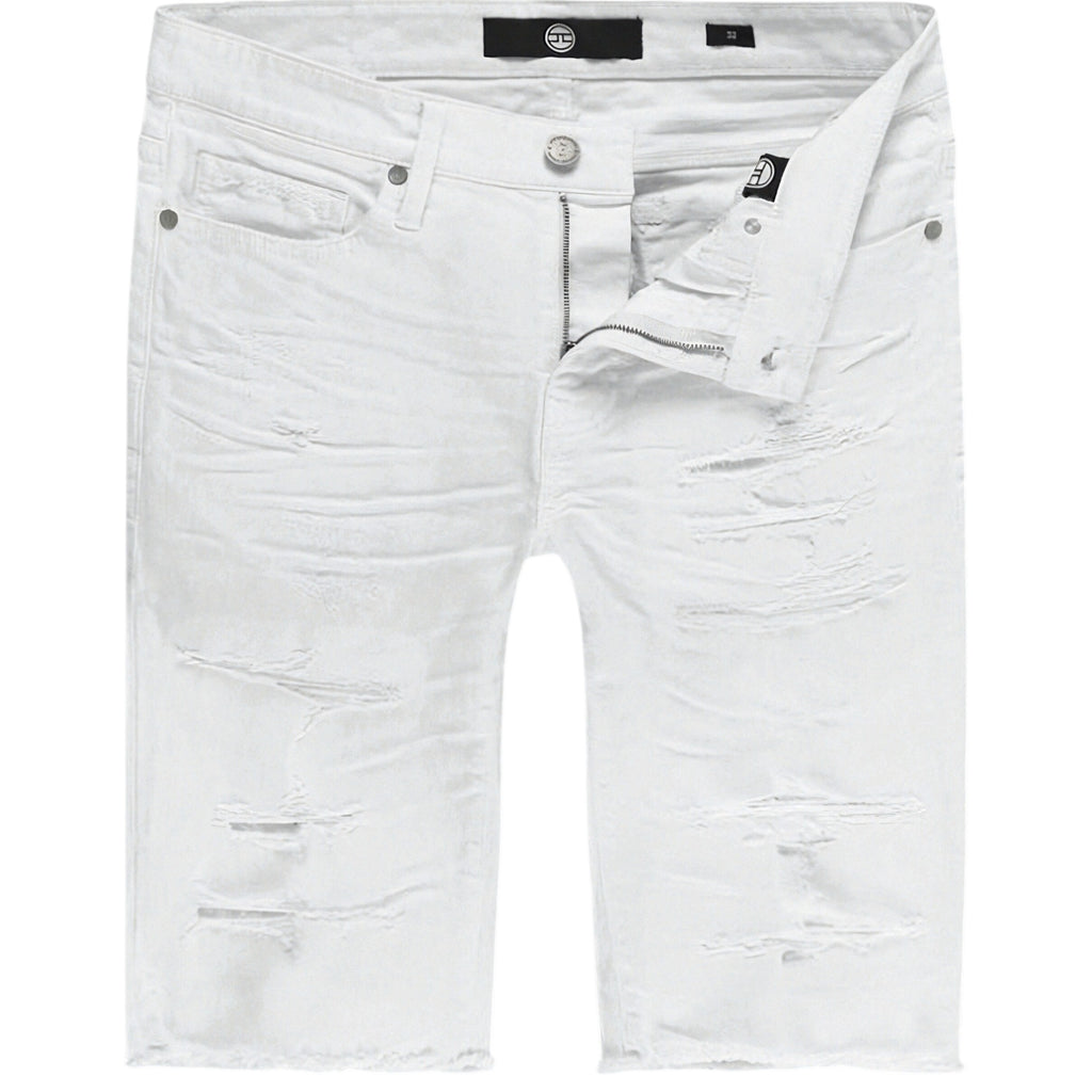 White distressed denim shorts on a white background