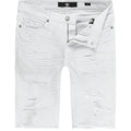 White distressed denim shorts on a white background