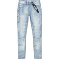 Light blue distressed jeans with a brand tag on a white background