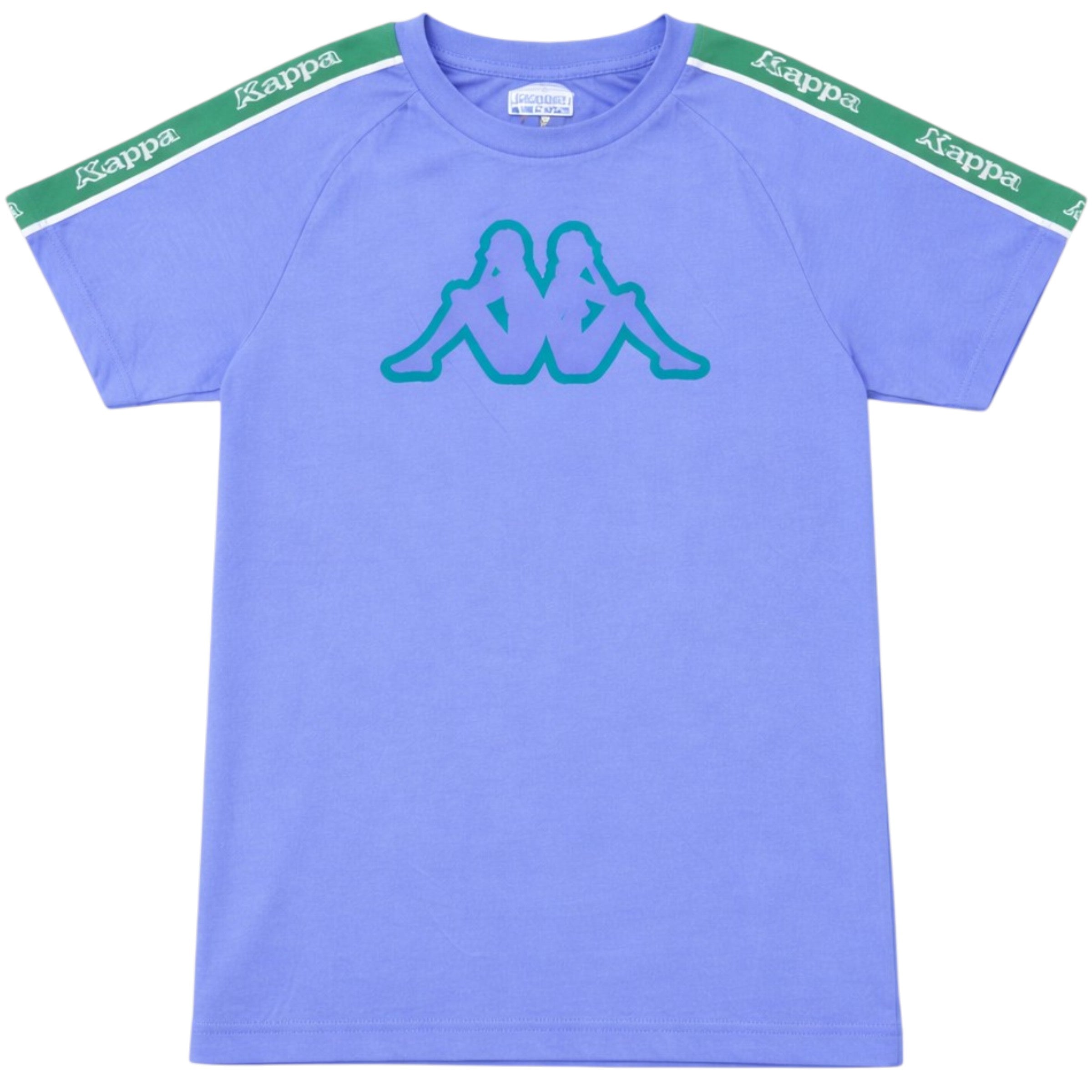 Blue t-shirt with green Kappa logo on a white background