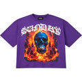Purple t-shirt with a skull in flames graphic and 'Supreme' branding on a white background