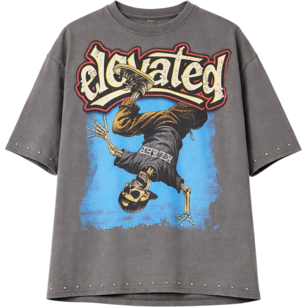Gray t-shirt with graphic design of a person doing a handstand and the word ' Elevated' on a white background.