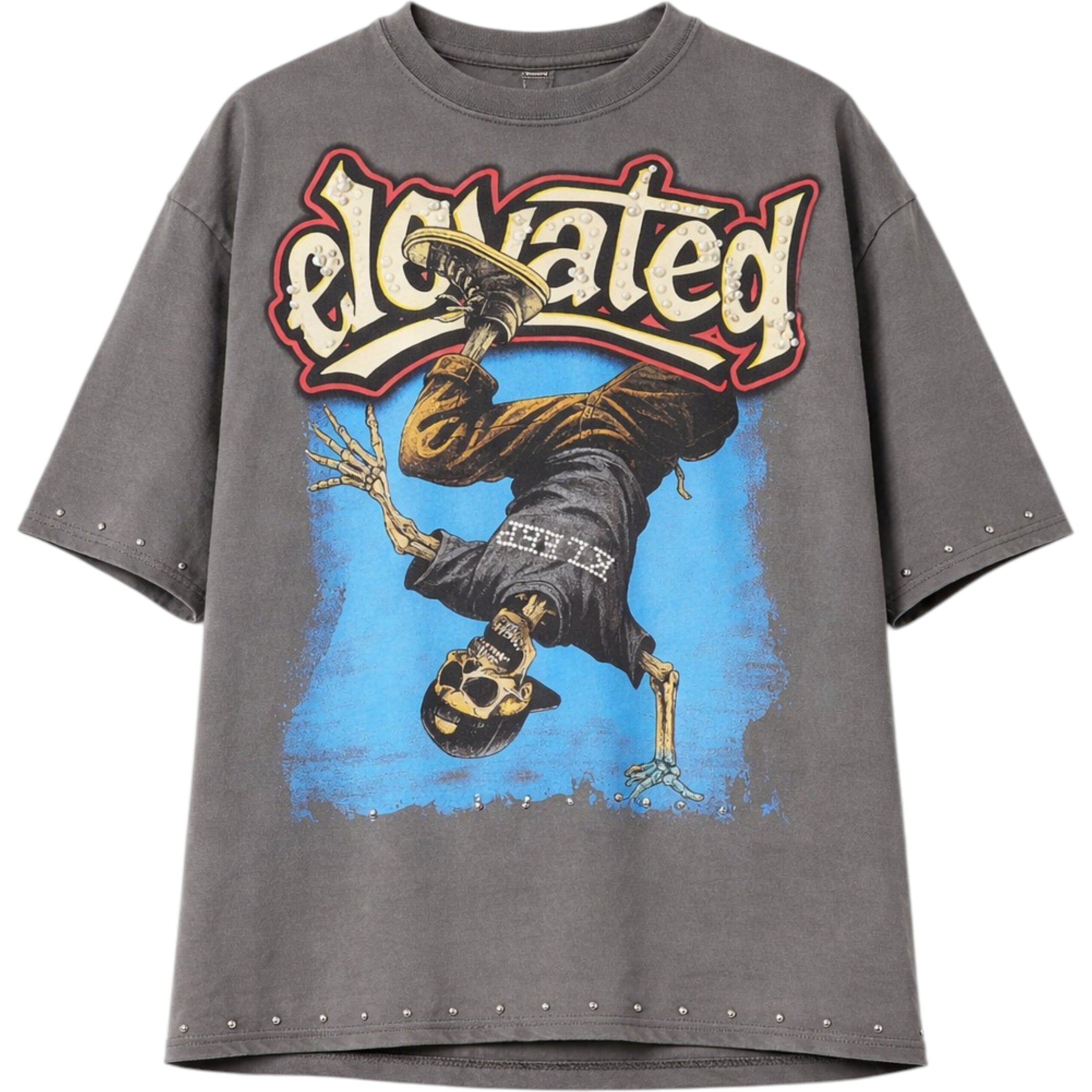 Gray t-shirt with graphic design of a person doing a handstand and the word ' Elevated' on a white background.