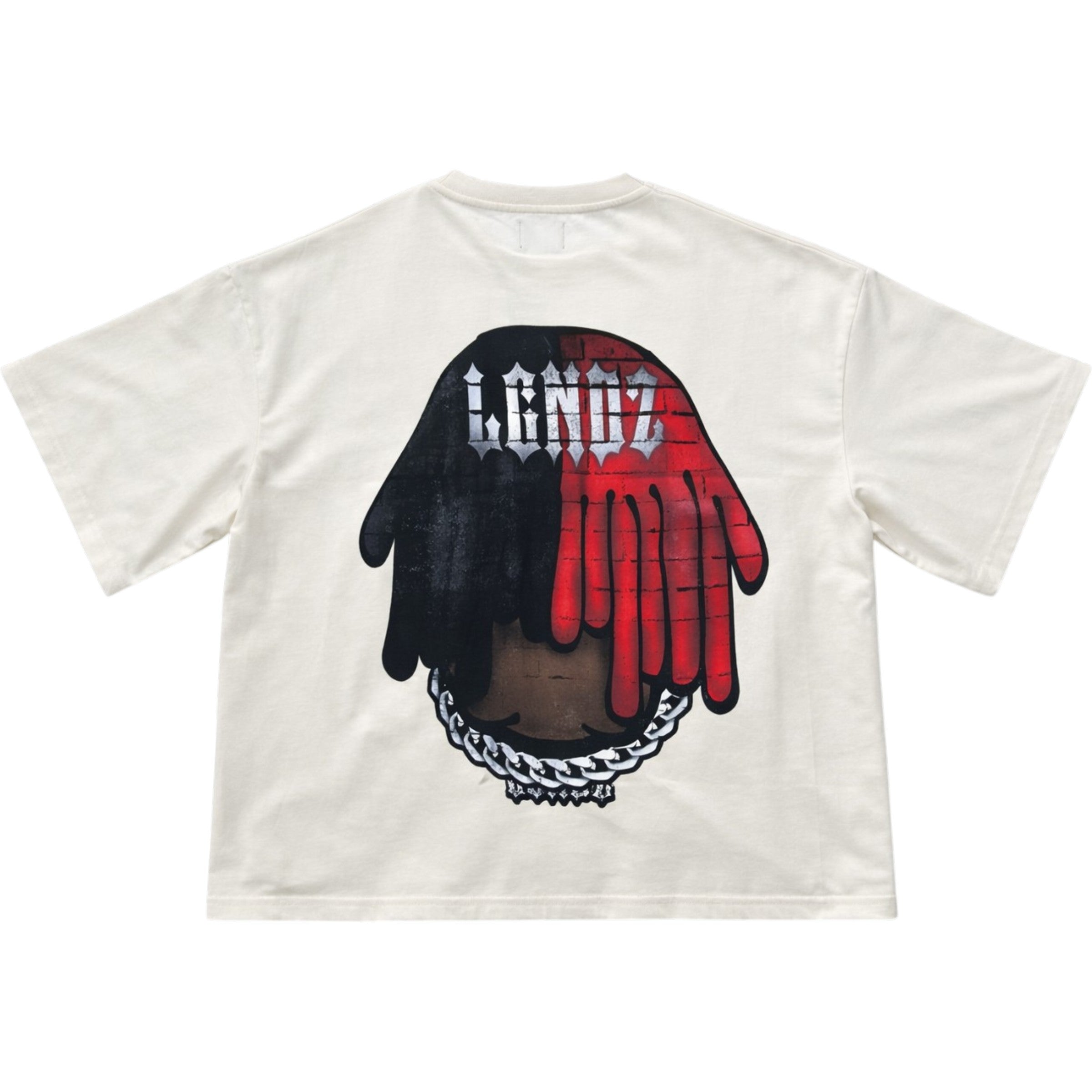 White t-shirt with a graphic of red and black gloves and 'Lendz' branding on the back. LGNDZ '2 Tone Smile' Oversized Cropped T-Shirt (Cream) LG1405