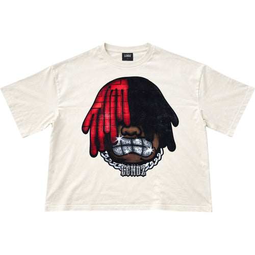 White t-shirt with a graphic of a hand with red plaid pattern, black hair, and a diamond-studded mouth on a white background.
