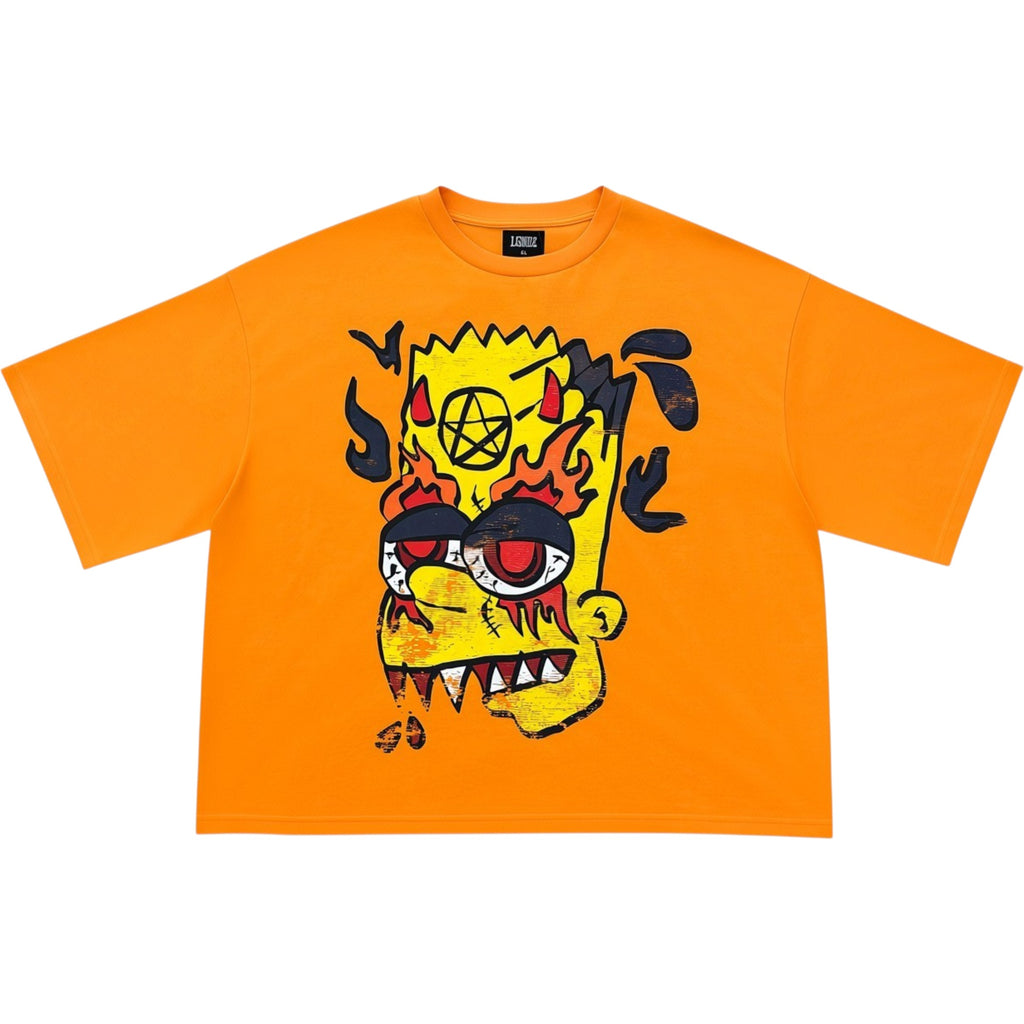 Orange t-shirt with a graphic design on a white background