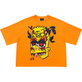 Orange t-shirt with a graphic design on a white background