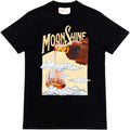 Black t-shirt with 'Moonshine' graphic design featuring a bottle and glass of alcohol.