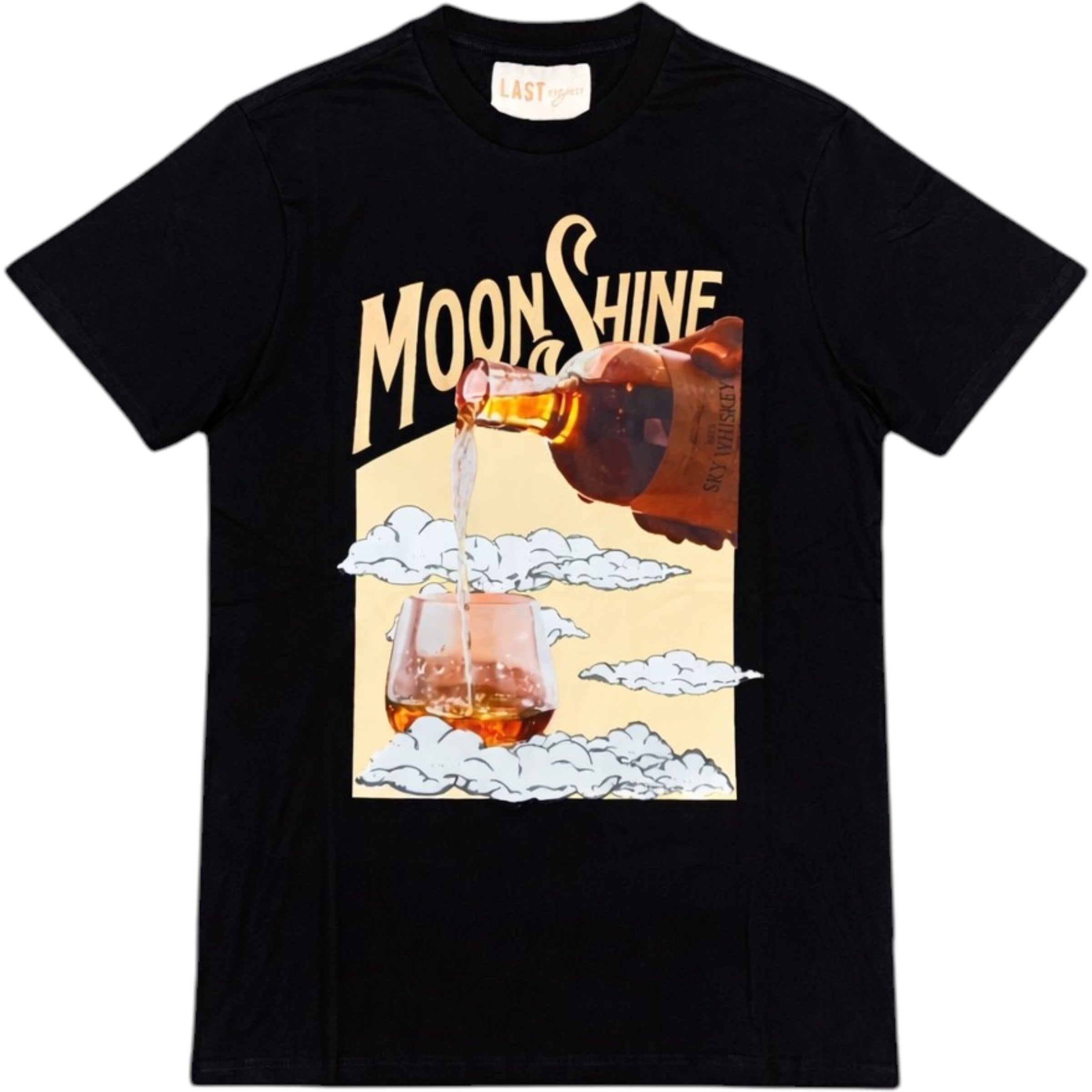 Black t-shirt with 'Moonshine' graphic design featuring a bottle and glass of alcohol.
