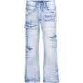 Light blue distressed jeans on a white background