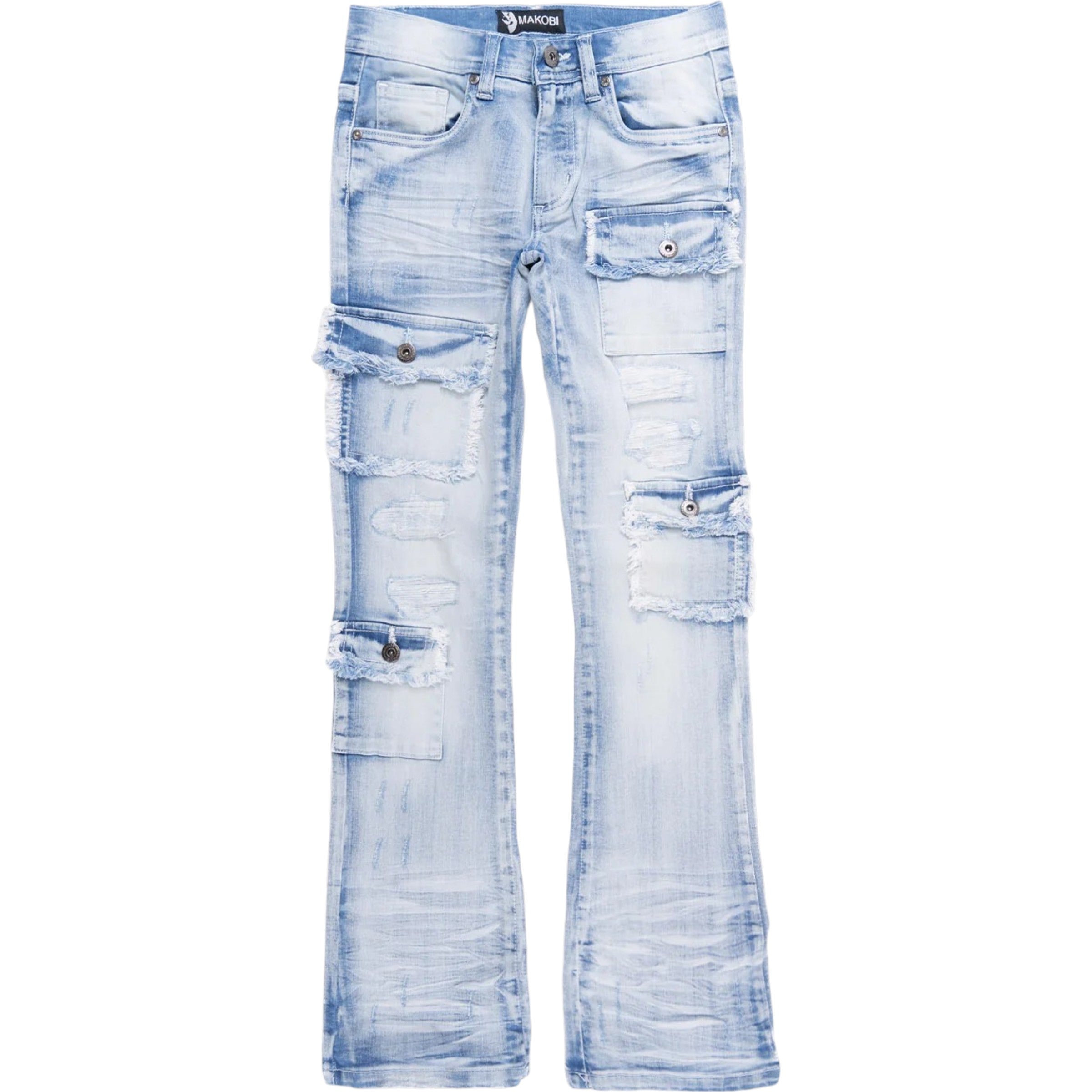 Light blue distressed jeans on a white background
