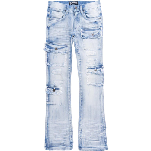 Light blue distressed jeans on a white background