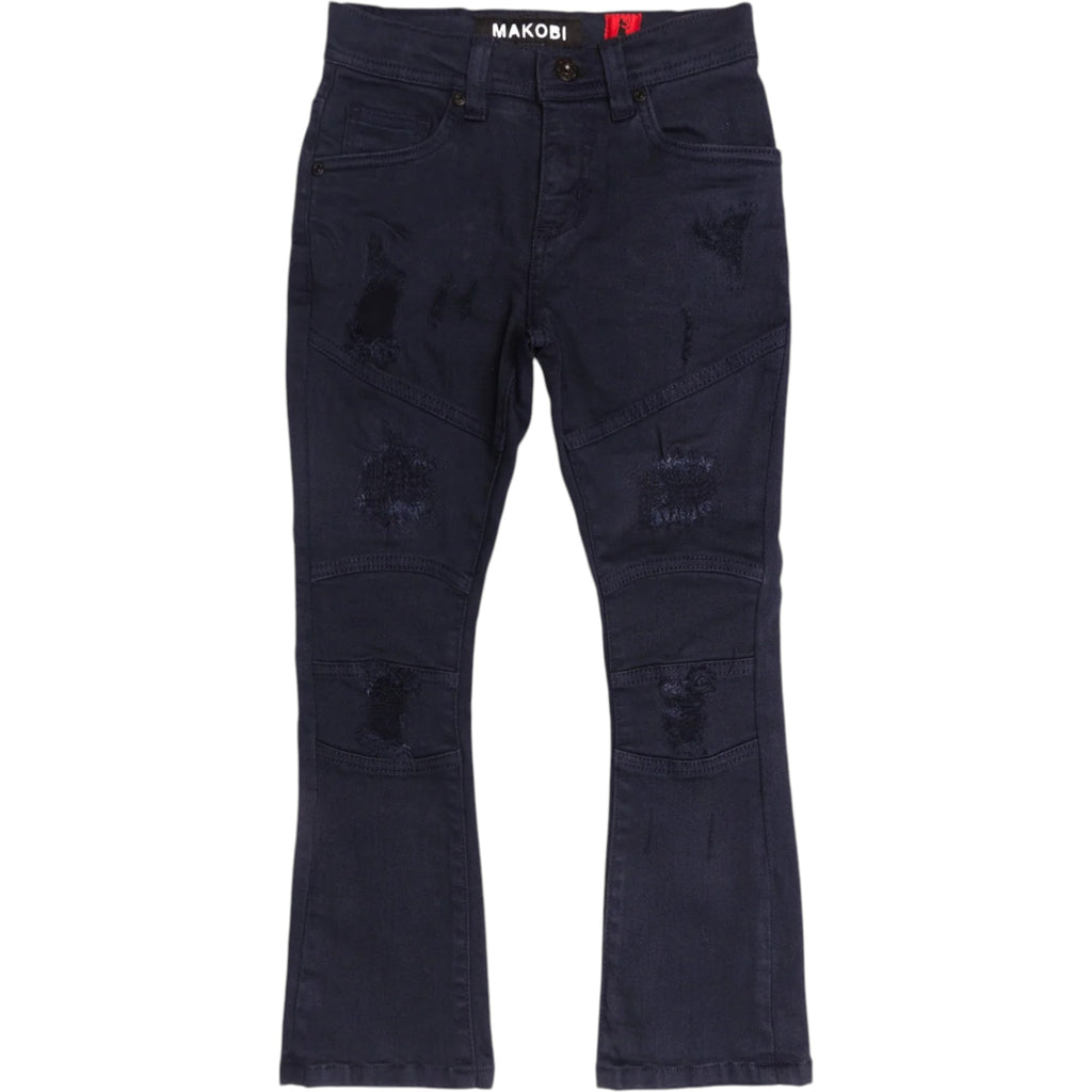 Black distressed jeans with 'Makobi' branding on a white background