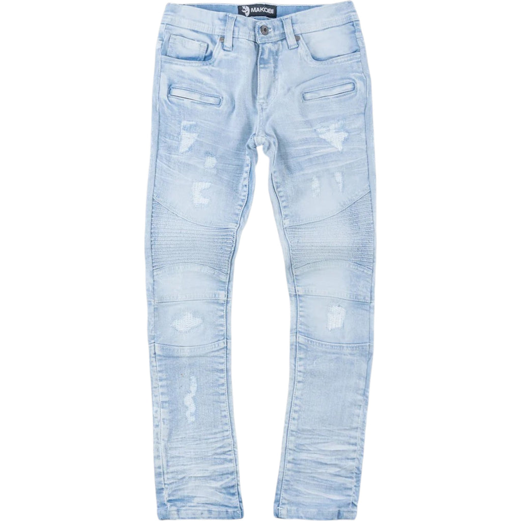 Light blue distressed jeans on a white background
