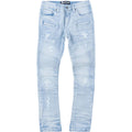 Light blue distressed jeans on a white background