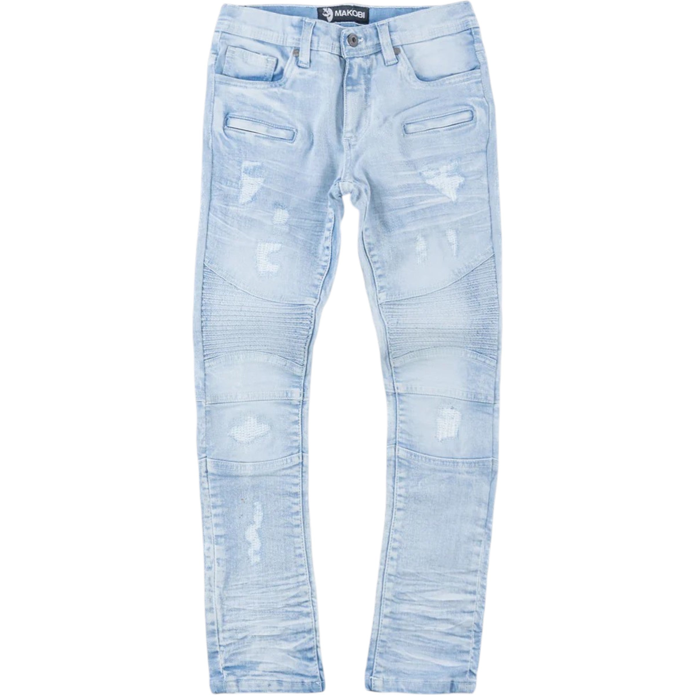 Light blue distressed jeans on a white background