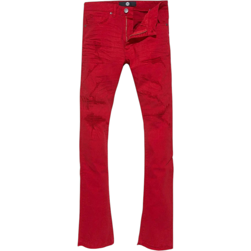 Red stacked jeans on a white background stack flared