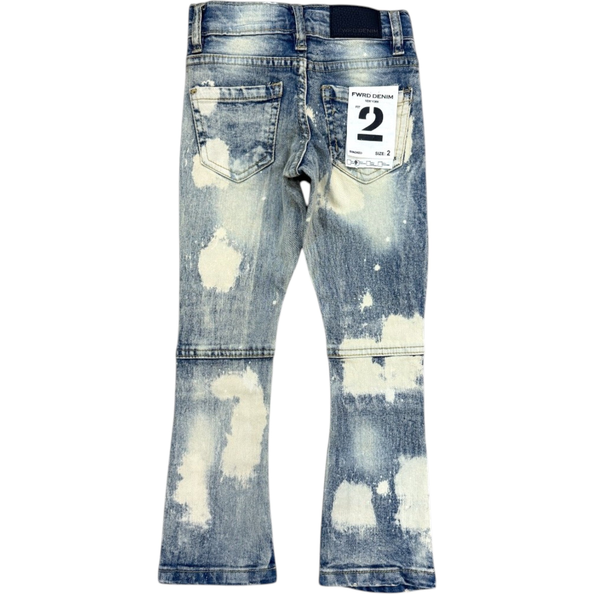 Distressed blue jeans with a brand tag on a white background