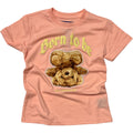 Pink t-shirt with teddy bear graphic and text 'Born to be Different' on a white background
