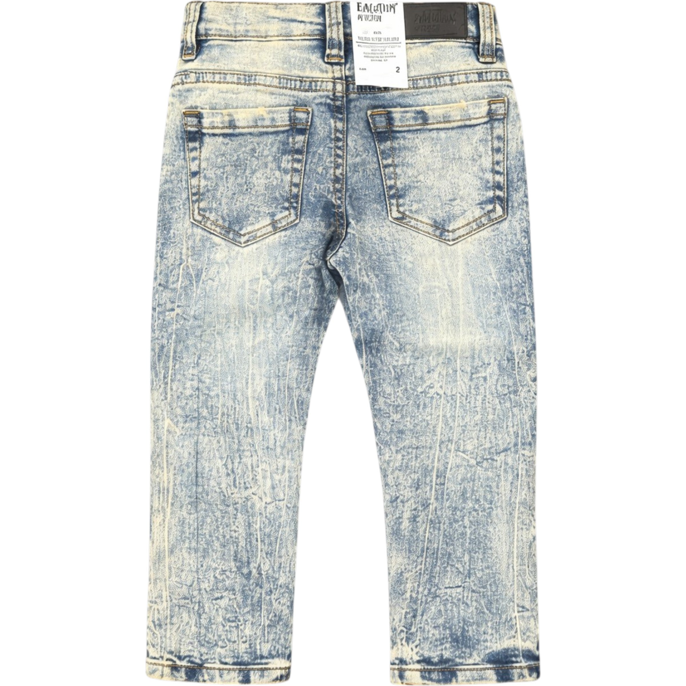 Light blue acid-wash jeans with a tag on a white background