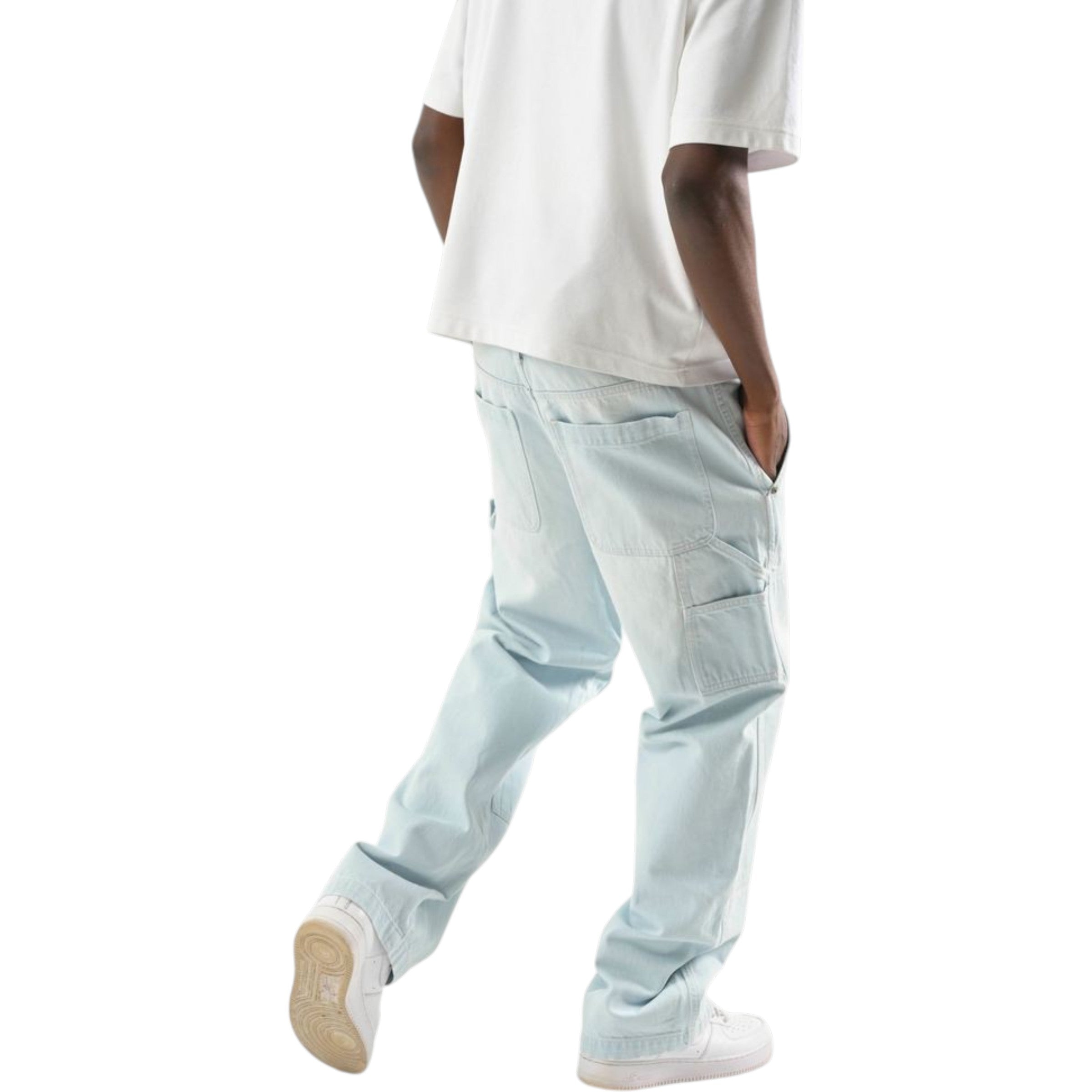 Light blue jeans worn by a person on a white background