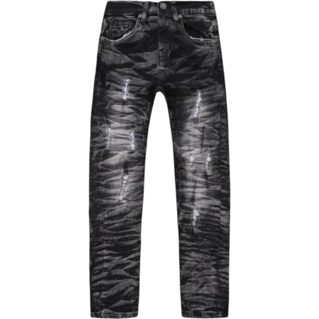 Black tie-dye jeans on a white background