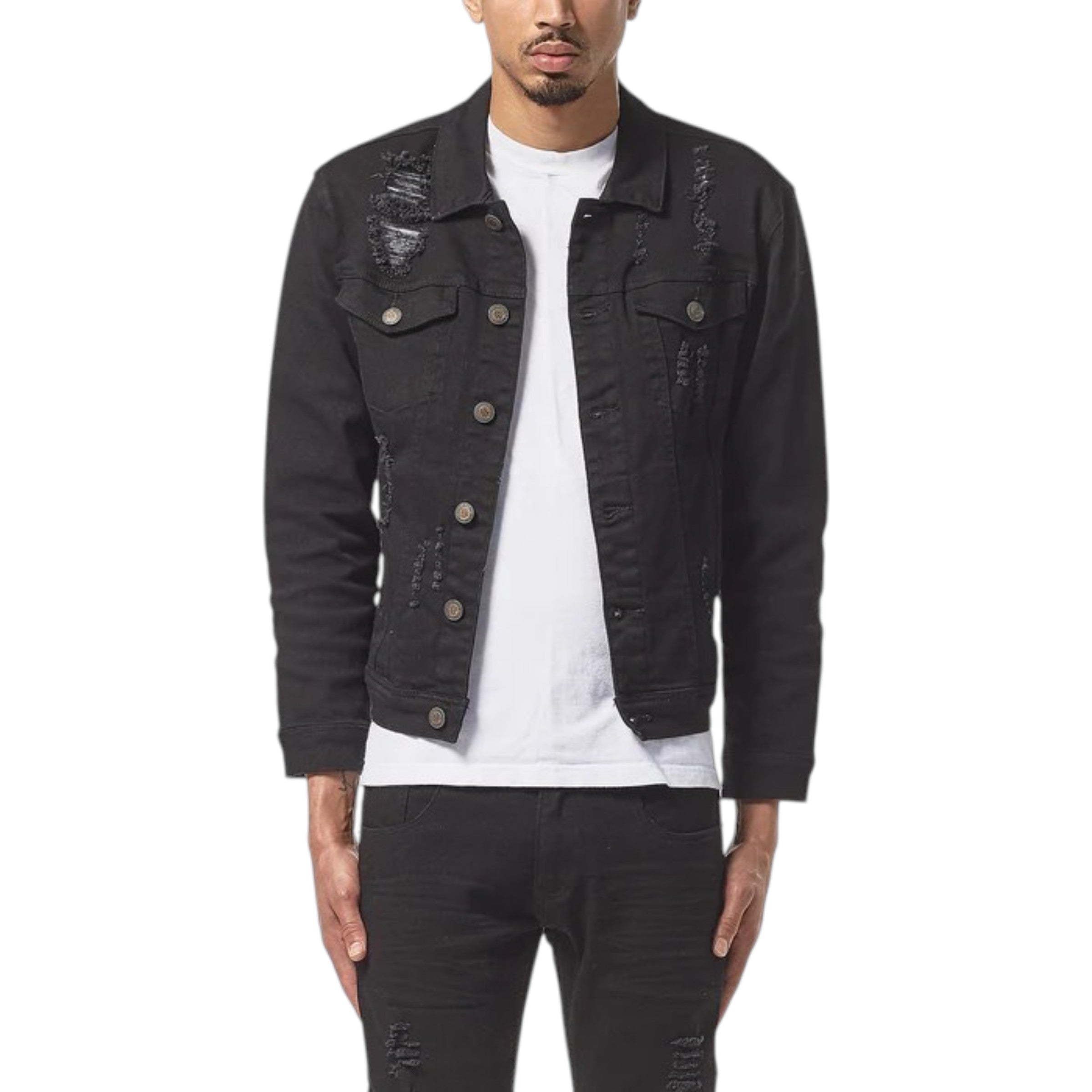 Person wearing a black distressed denim jacket on a white background