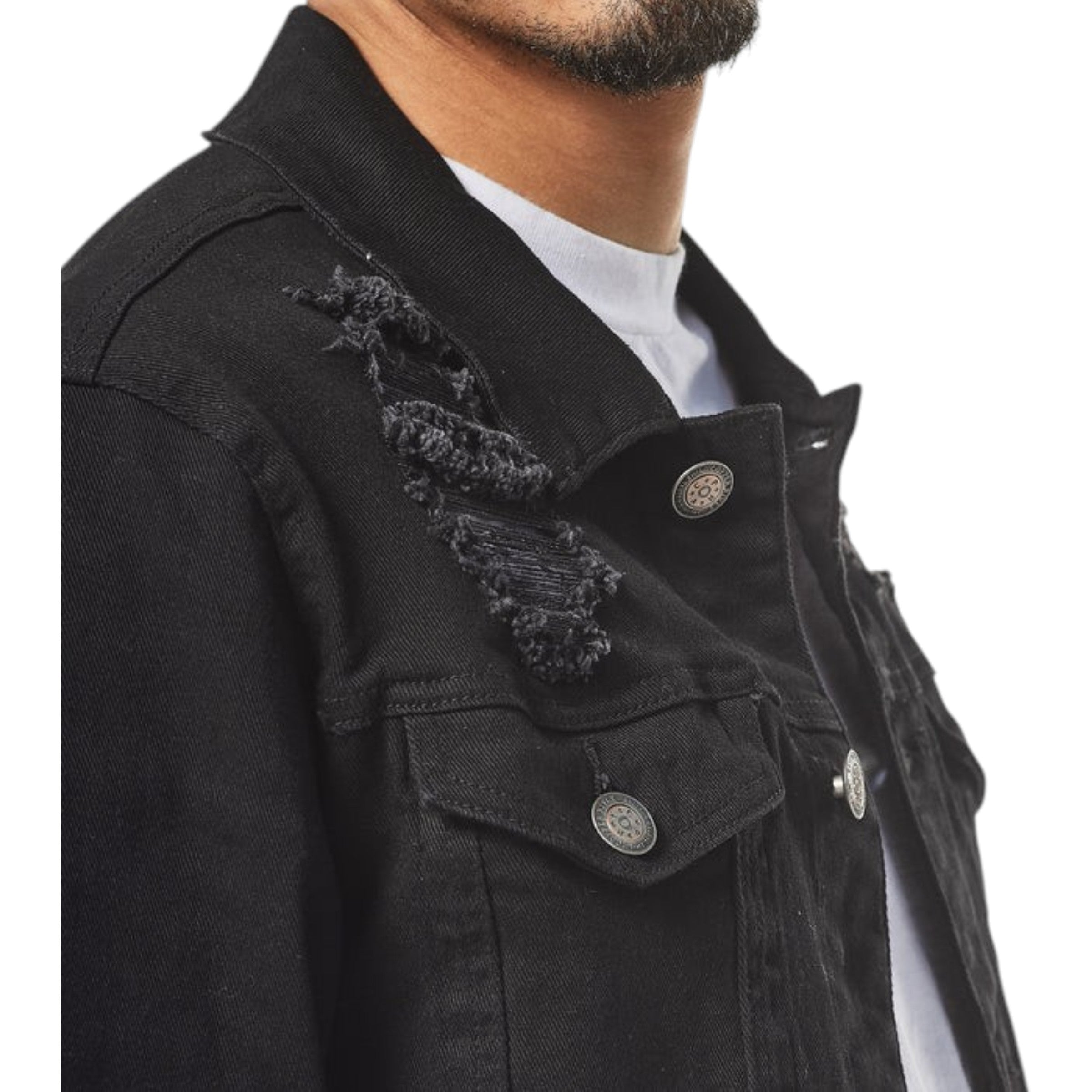 Black distressed denim jacket with buttons on a white background