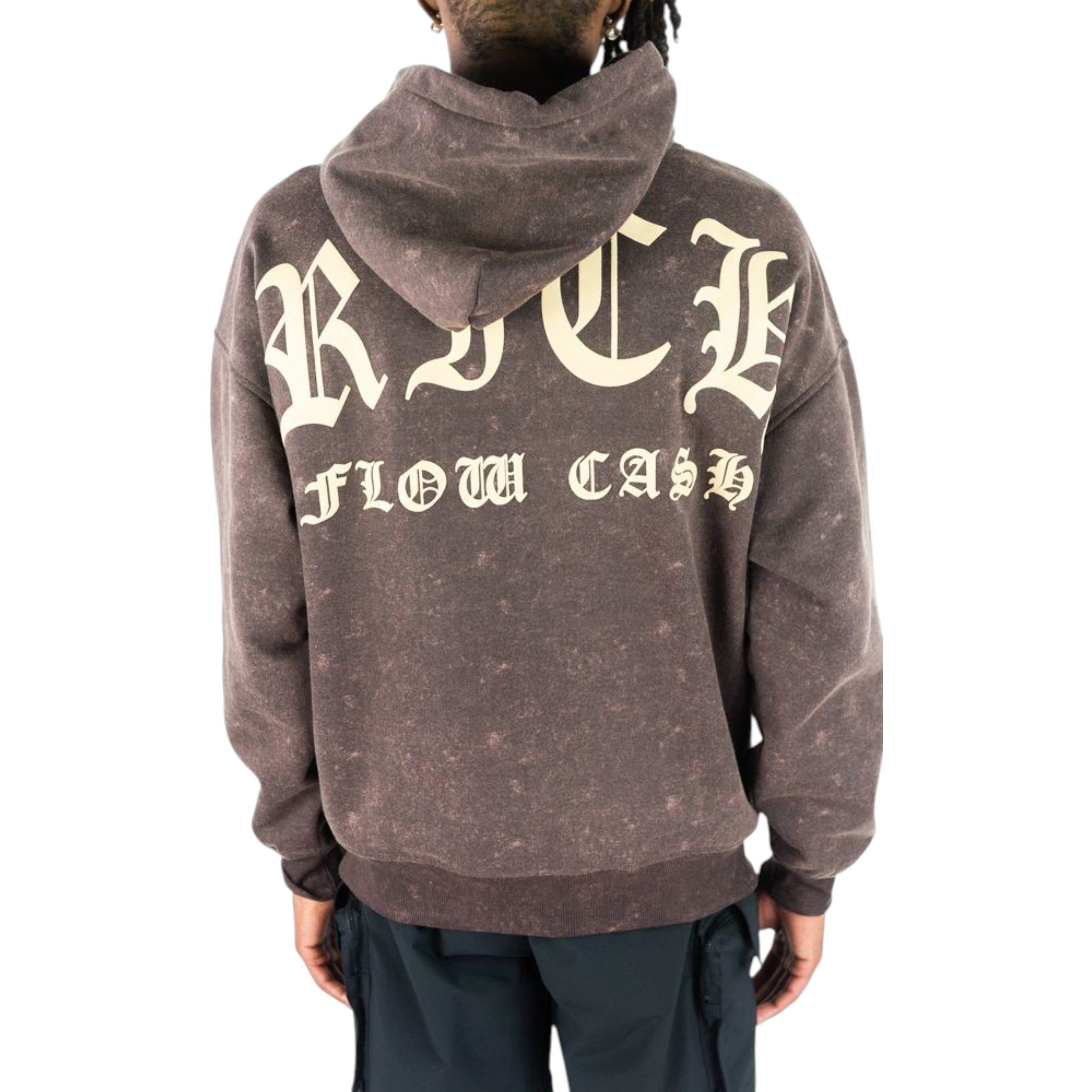 Person wearing a hoodie with text on the back against a white background