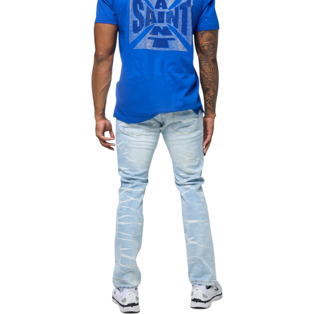 Men's Slim Fit Crystal Distressed Denim In Blue And Royal