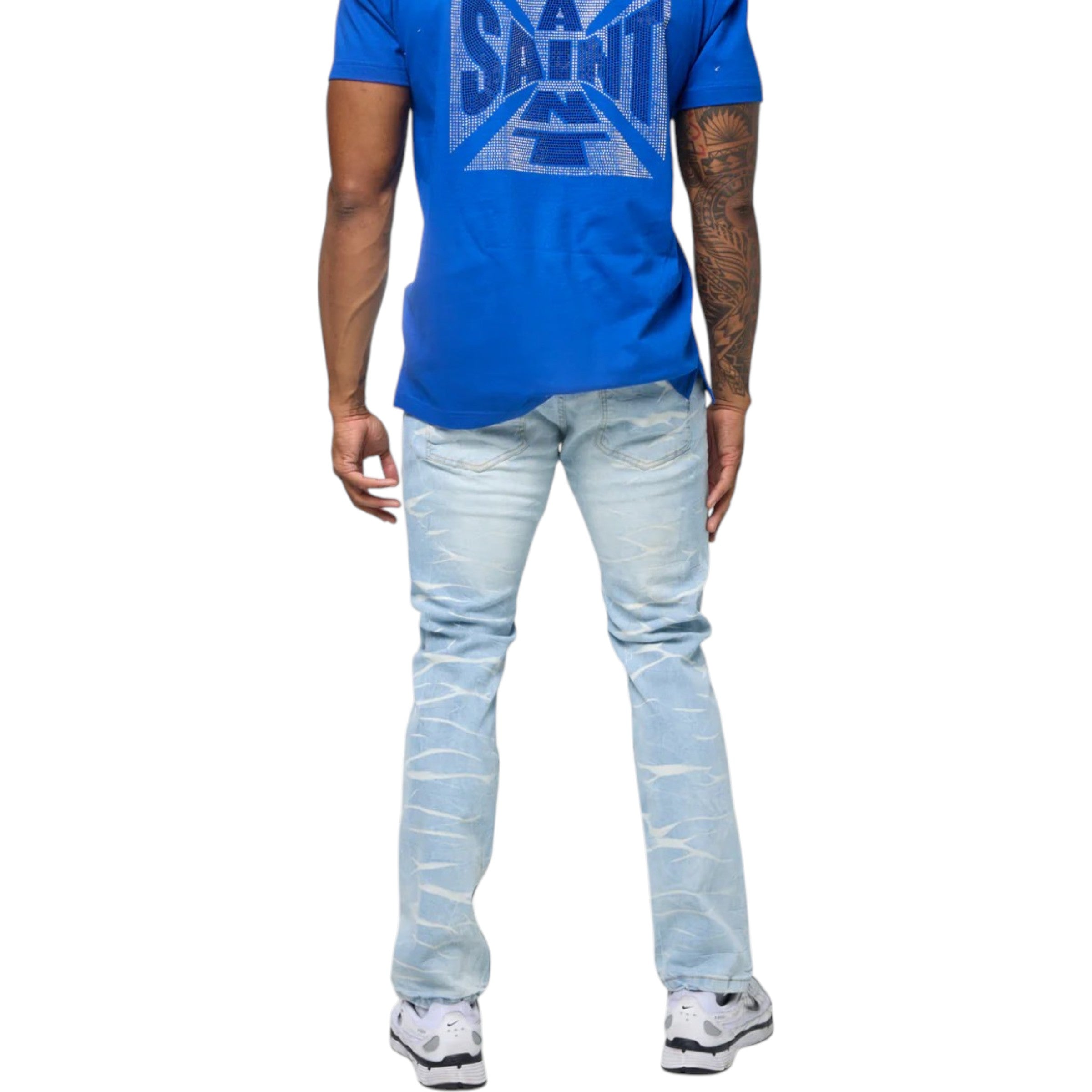 Men's Slim Fit Crystal Distressed Denim In Blue And Royal