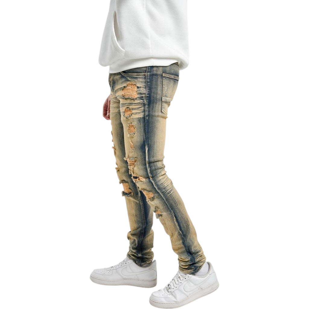 Men's Slim Fit Stretch Rip And Repair Denim In Dark Indigo