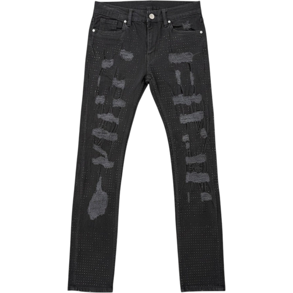 Men's Slim Fit Crystalized Distressed Denim In Black