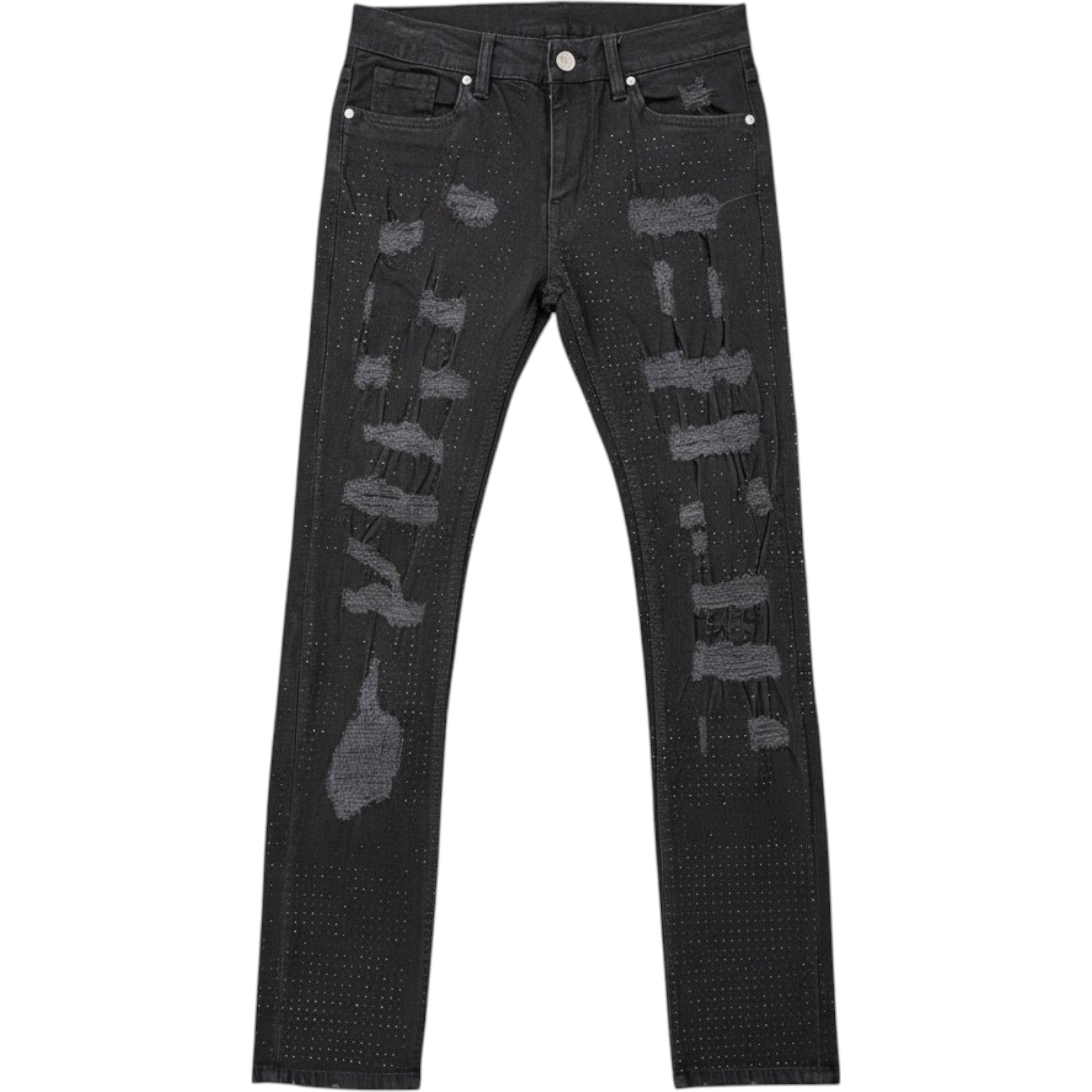 Men's Slim Fit Crystalized Distressed Denim In Black
