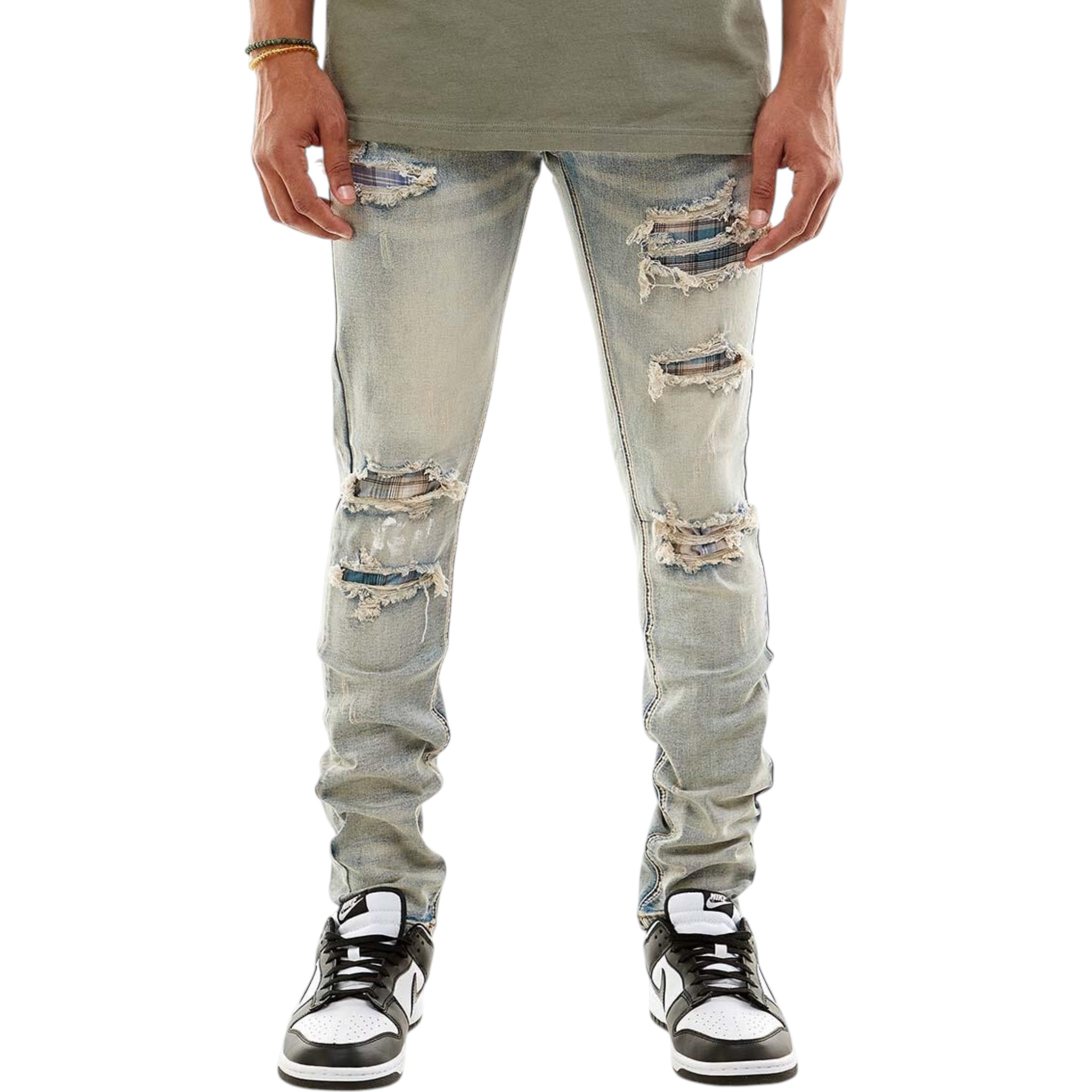 Men's Skinny Fit Plaid Denim In Blue