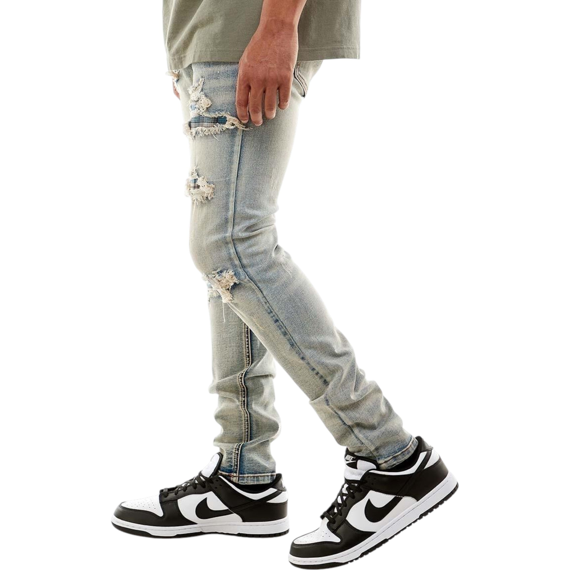 Men's Skinny Fit Plaid Denim In Blue