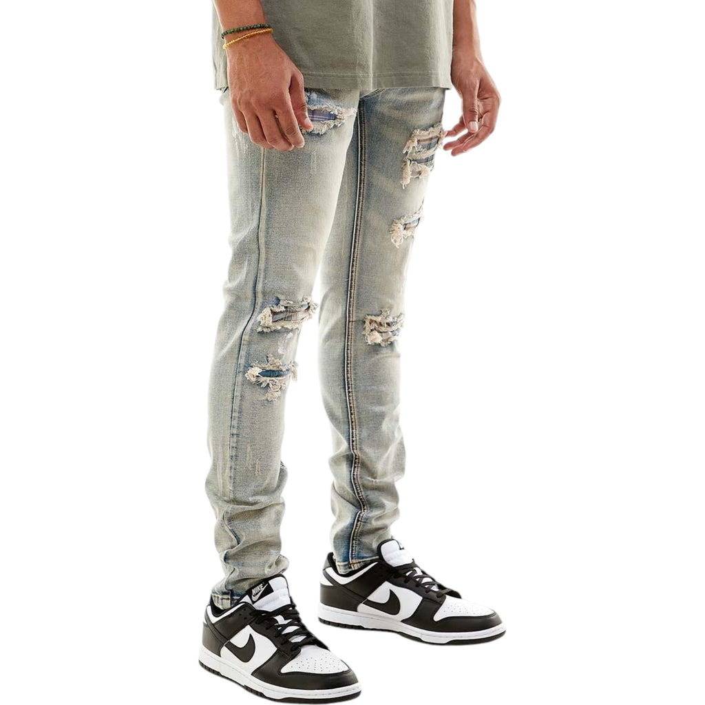 Men's Skinny Fit Plaid Denim In Blue
