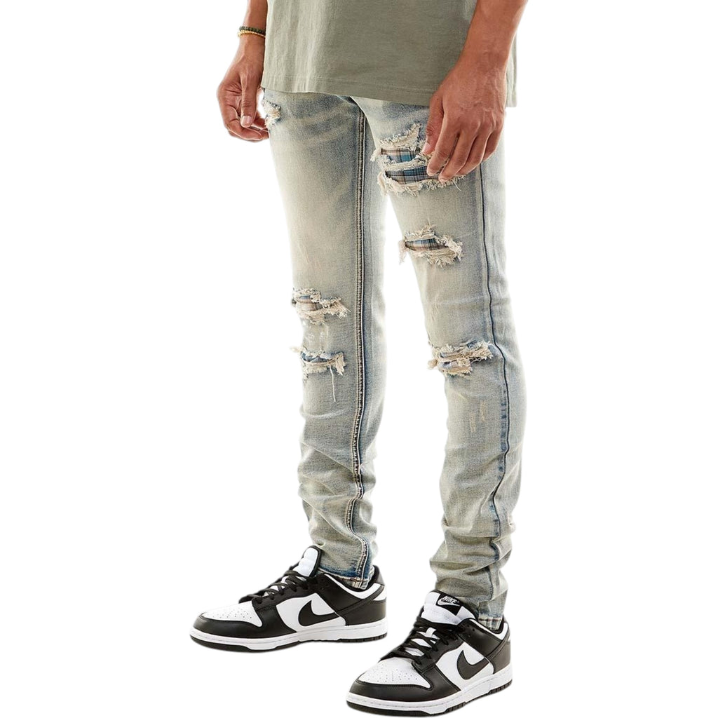 Men's Skinny Fit Plaid Denim In Blue