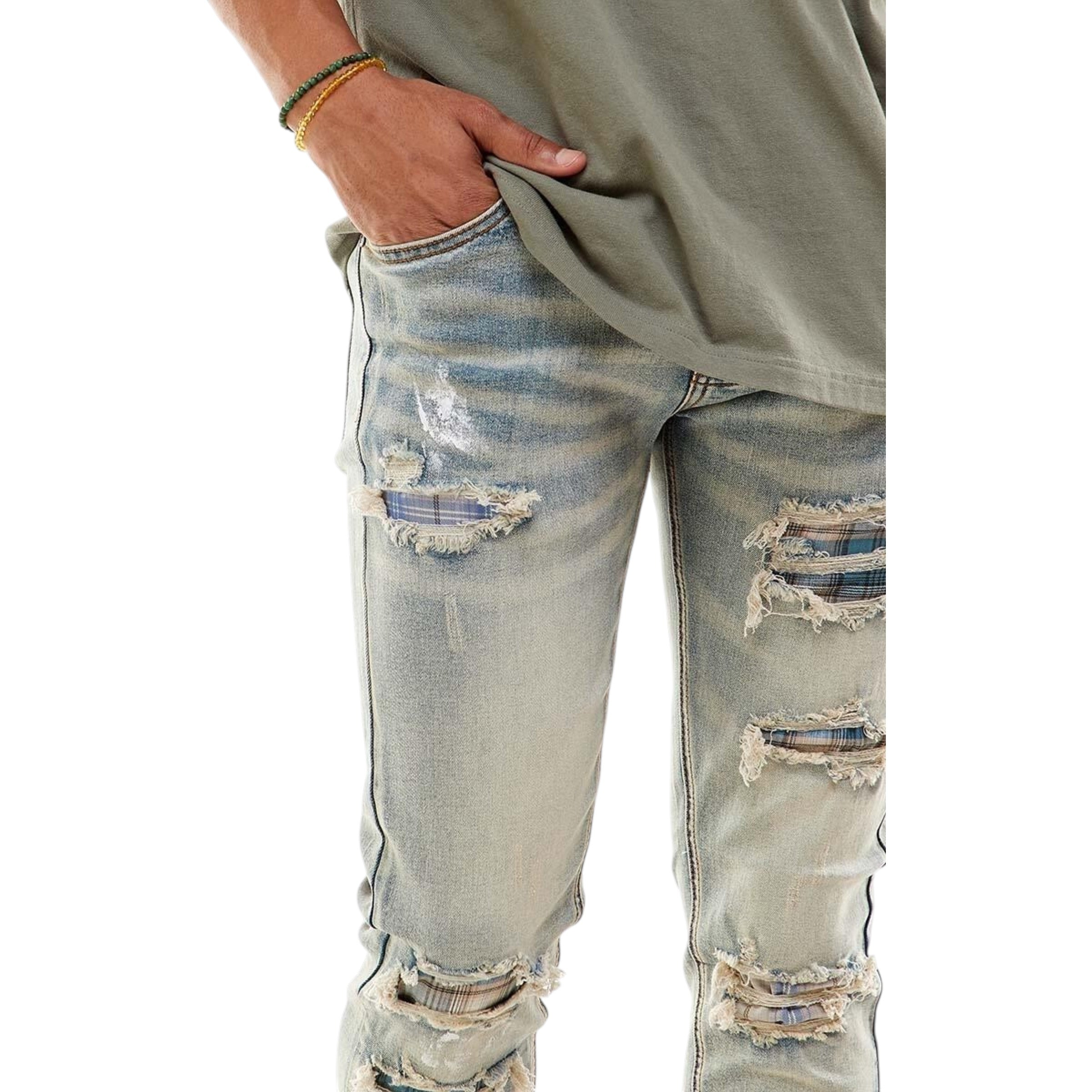 Men's Skinny Fit Plaid Denim In Blue