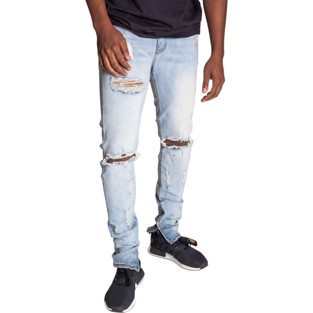 Men's Skinny Fit  Destroyed Knee Ankle Zip Denim In Light Blue