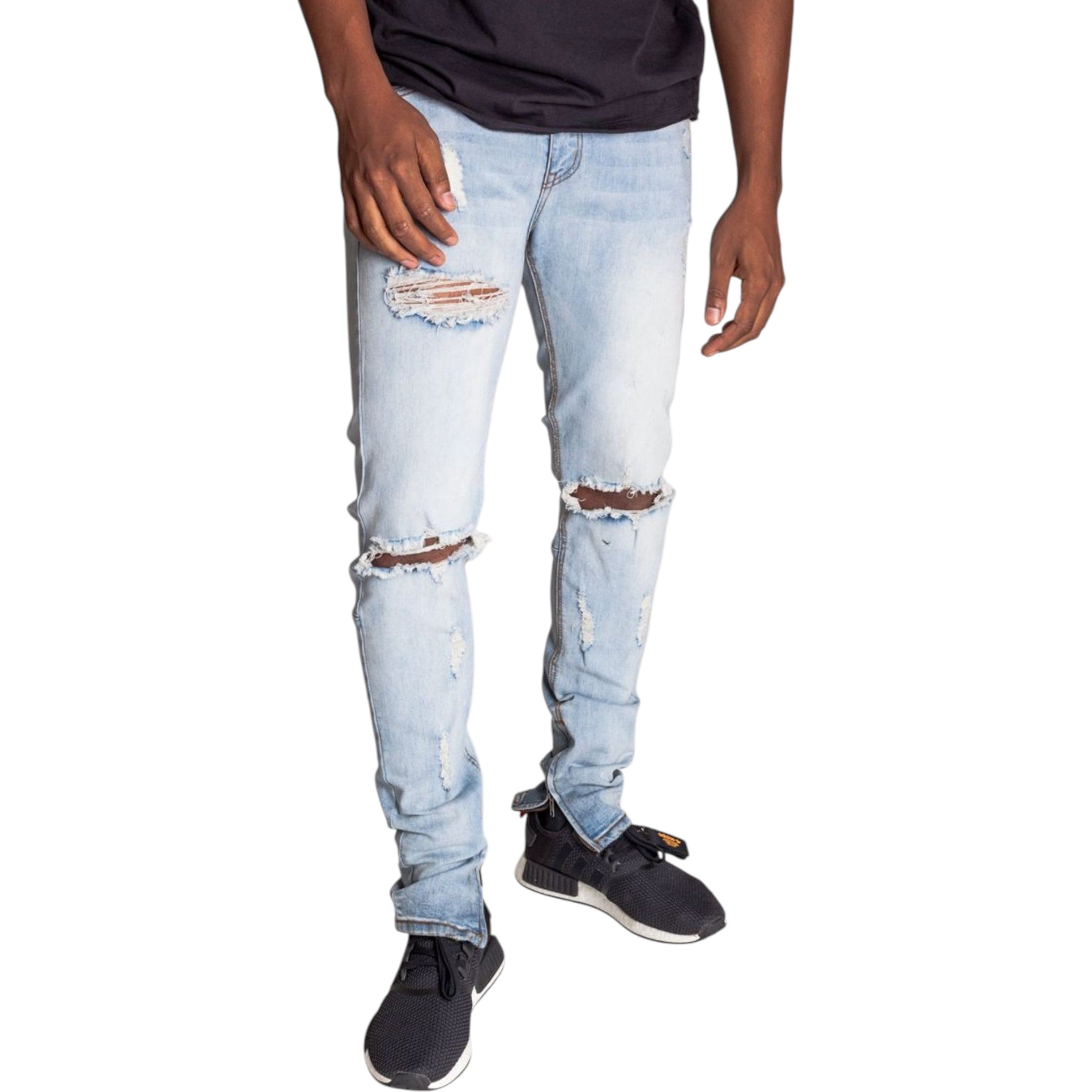 Men's Skinny Fit  Destroyed Knee Ankle Zip Denim In Light Blue